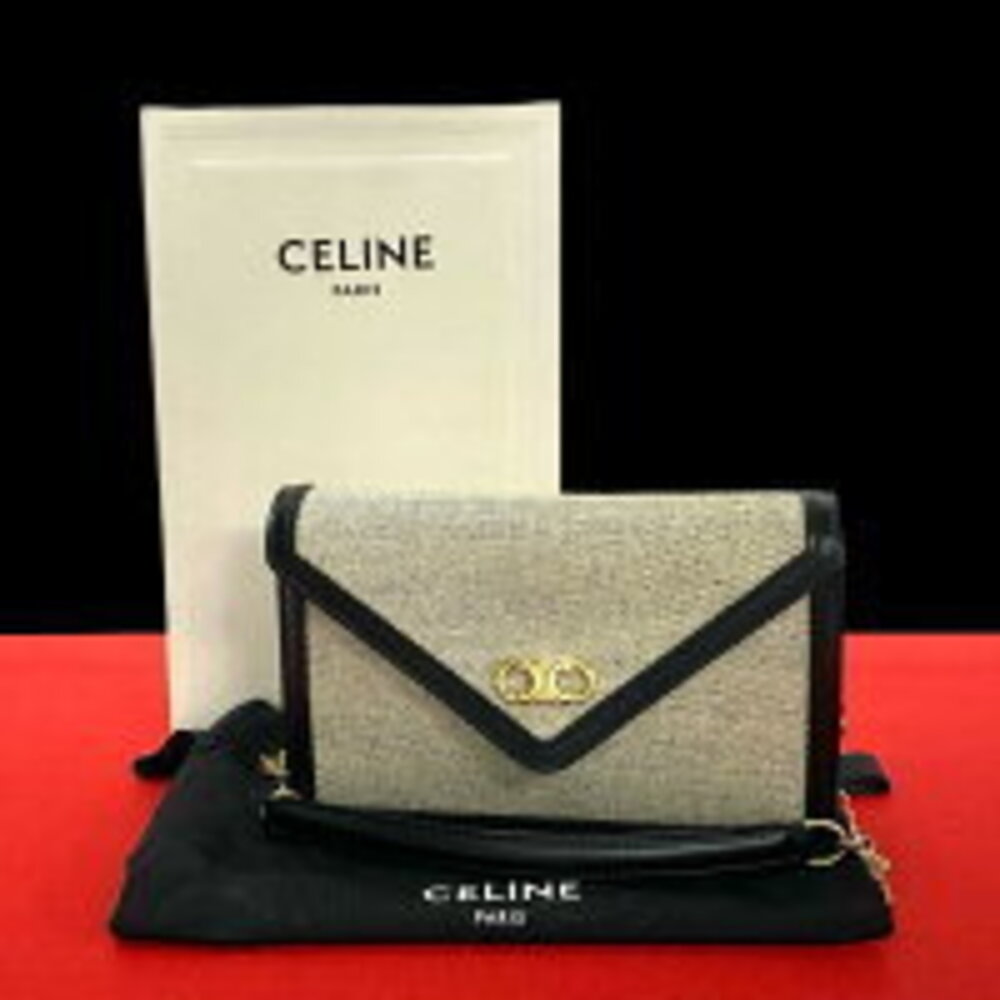 Celine Triomphe chain shoulder bag black Ivory White canvas leather